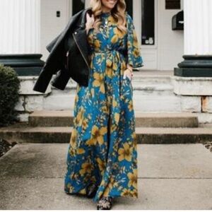 Happy X Nature Blue Yellow Floral Boho Ruffed Flowy Maxi Dress size L